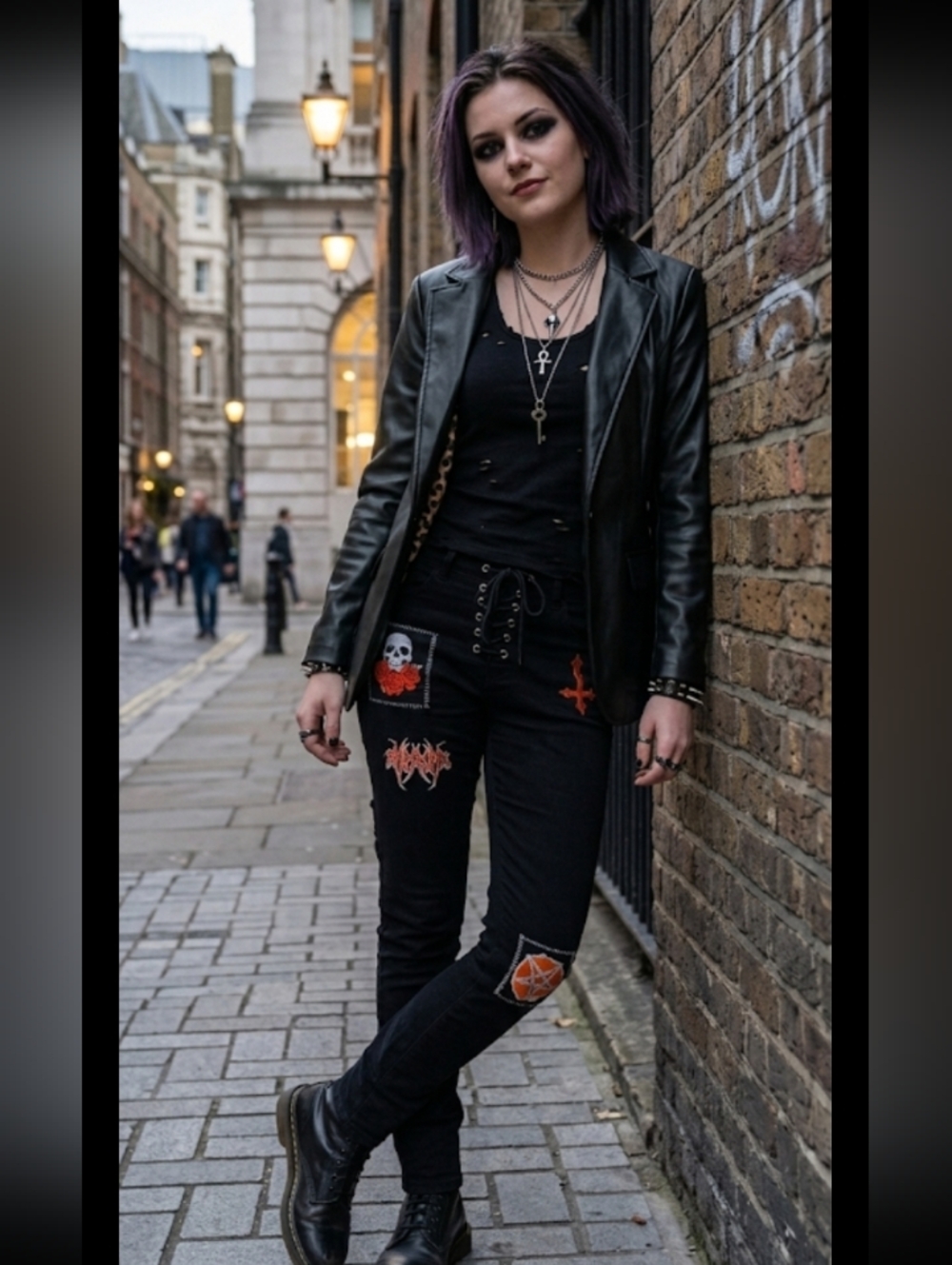 New Widow Lace Up Patch Skinny Pants, Black, Small